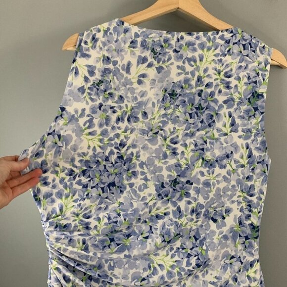 Lauren Ralph Lauren Sleeveless  Floral Jersey Dress Blue Stretch Rouched Mini 14 - Picture 8 of 11